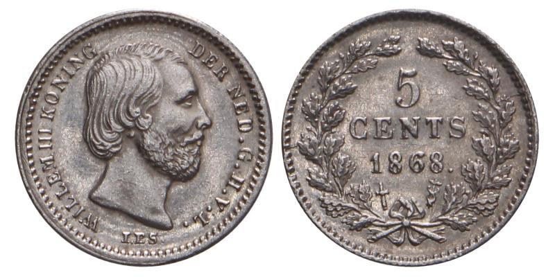 5 Cent Willem III 1868. Zeer Fraai / Prachtig.