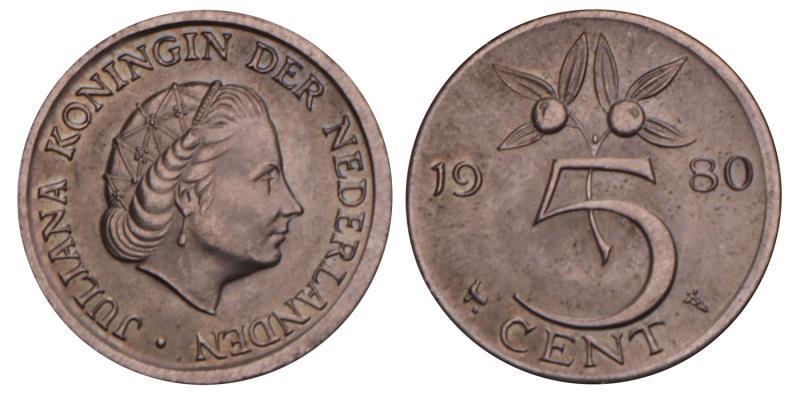 5 Cent Juliana 1980 (misslag). FDC.