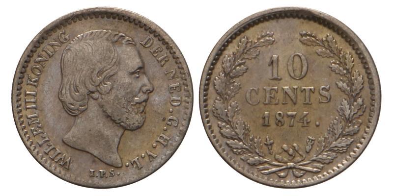 10 Cent Willem III 1874 klaver. Zeer Fraai.