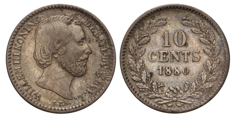 10 Cent Willem III 1880. Zeer Fraai / Prachtig.