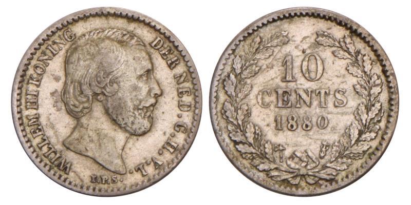 10 Cent Willem III 1880. Zeer Fraai.