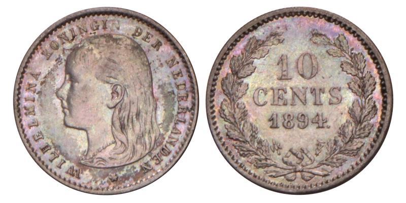 10 Cent Wilhelmina 1894. Zeer Fraai / Prachtig.