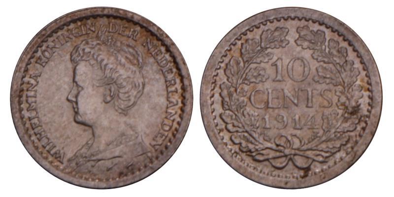 10 Cent Wilhelmina 1914. Prachtig +.