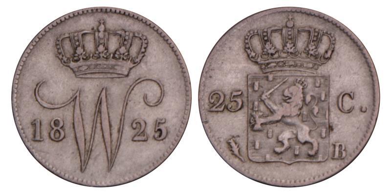 25 Cent Willem I 1825 B. Zeer Fraai.