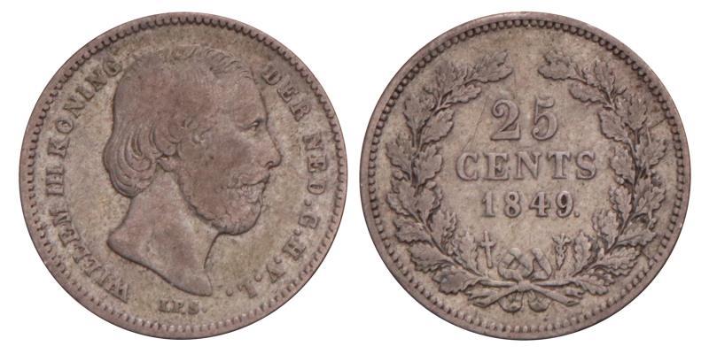 25 Cent Willem III 1849. Fraai +.