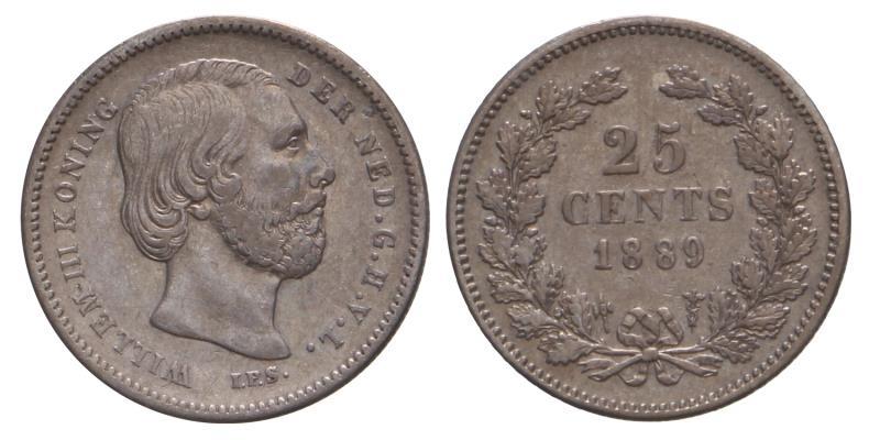 25 Cent Willem III 1889. Zeer Fraai +.
