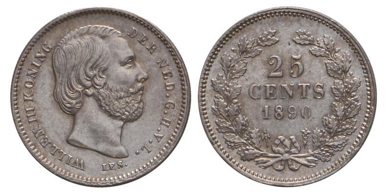 25 Cent Willem III 1890 met punt. FDC.