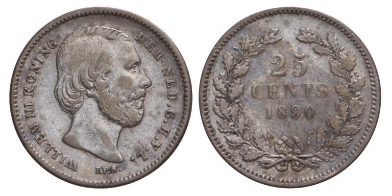 25 Cent Willem III 1890 zonder punt. Zeer Fraai -.
