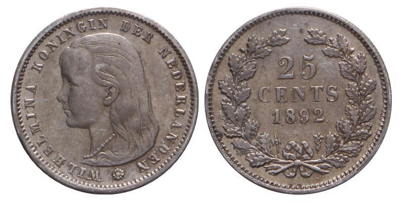 25 Cent Wilhelmina 1892. Zeer Fraai.