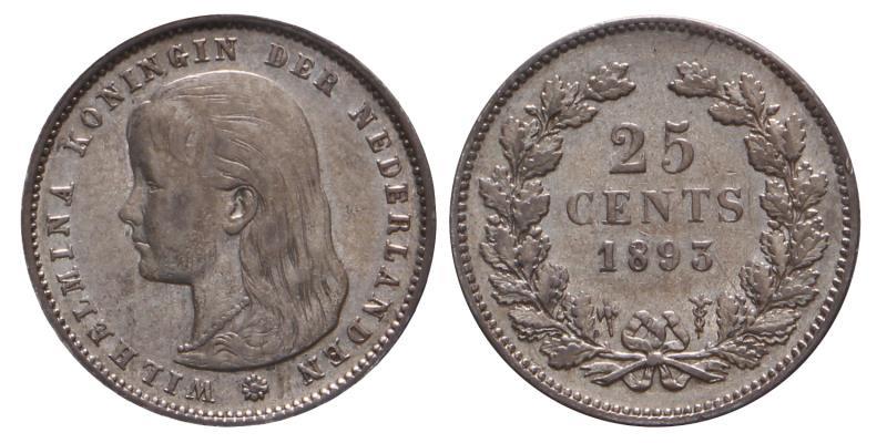 25 Cent Wilhelmina 1893. Zeer Fraai +.