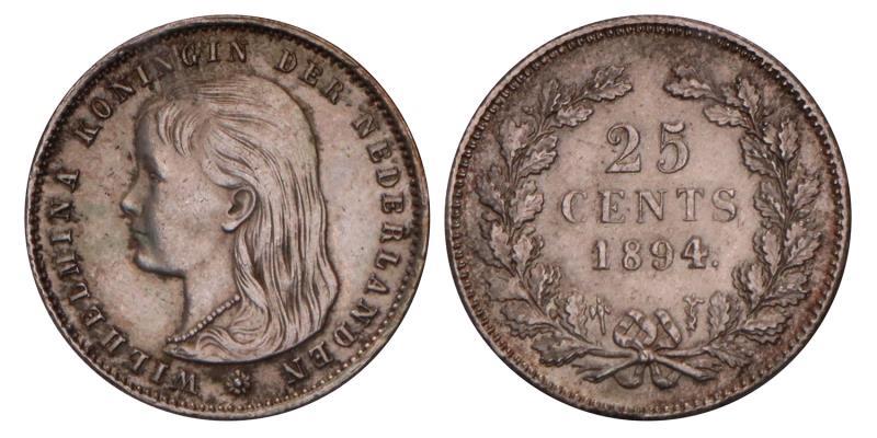 25 Cent Wilhelmina 1894. Prachtig.