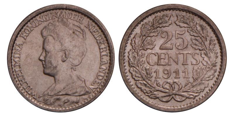 25 Cent Wilhelmina 1911. FDC. 