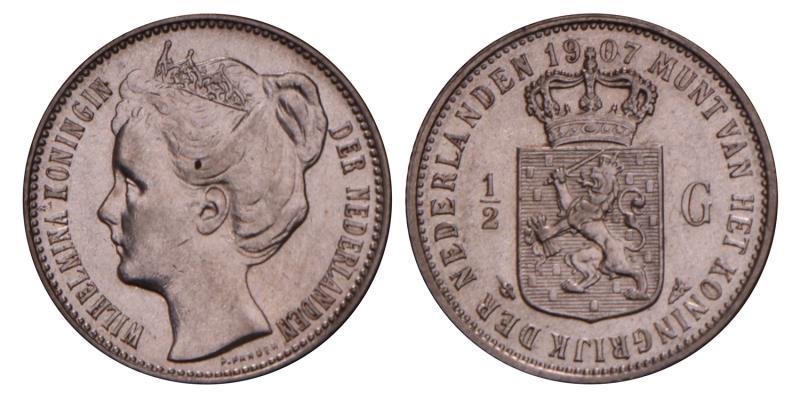 ½ Gulden Wilhelmina 1907. Prachtig. 