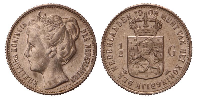 ½ Gulden Wilhelmina 1908. FDC -.