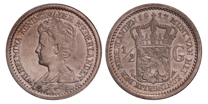 ½ Gulden Wilhelmina 1912. Prachtig -. 