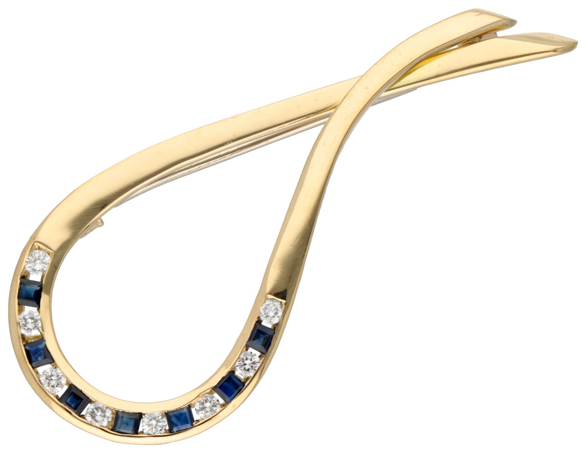 Alopa 18K geelgouden broche bezet met ca. 0.32 ct. diamant en saffier.