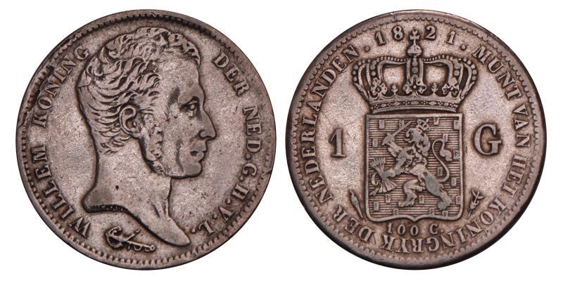 1 Gulden Willem I 1821 U. Fraai / Zeer Fraai. 