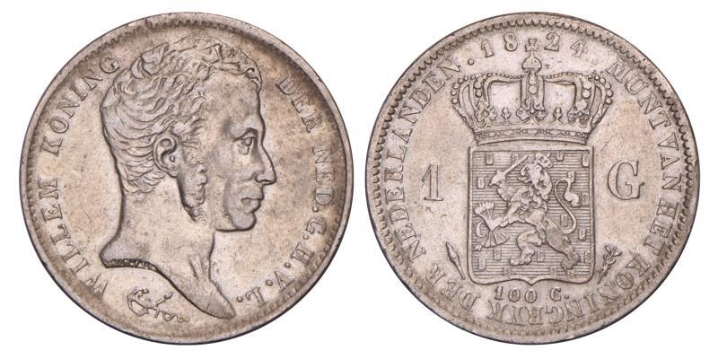 1 Gulden Willem I 1824 U streepje. Zeer Fraai +.