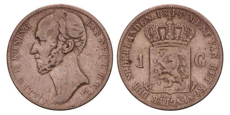 1 Gulden Willem II 1844. Fraai / Zeer Fraai.