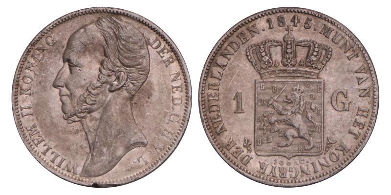 1 Gulden Willem II 1845. Prachtig -.