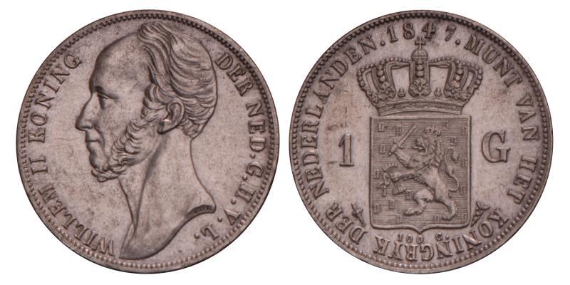 1 Gulden Willem II 1847. Prachtig. 