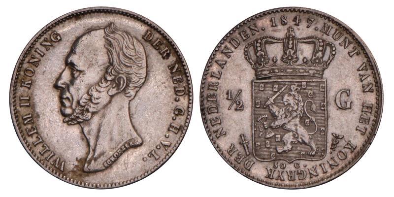 ½ Gulden Willem II 1847. Zeer Fraai / Prachtig.