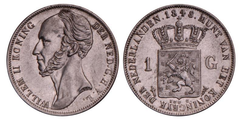 1 Gulden Willem II 1848. Prachtig +. 