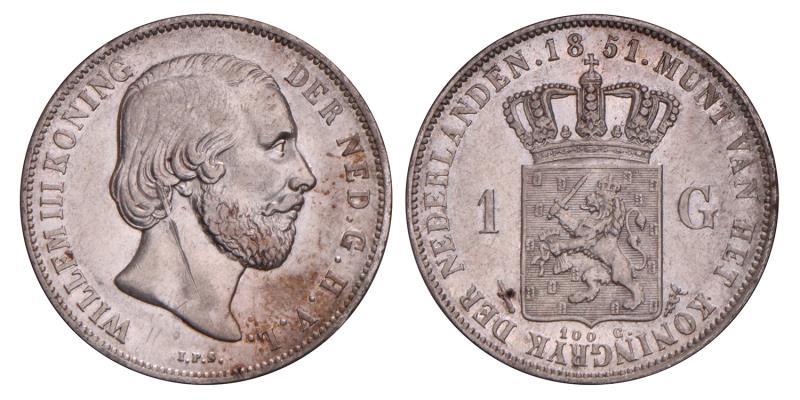 1 Gulden Willem III 1851. Zeer Fraai.