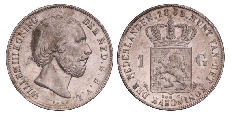 1 Gulden Willem III 1858. Prachtig +.