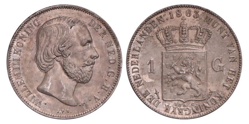 1 Gulden Willem III 1863. Prachtig / FDC.