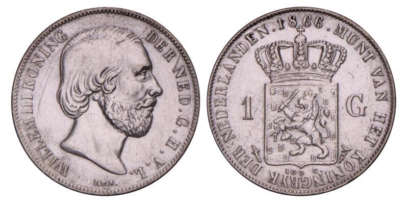 1 Gulden Willem III 1866. Zeer Fraai / Prachtig.