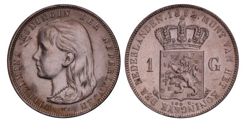 1 Gulden Wilhelmina 1892. Prachtig +. 