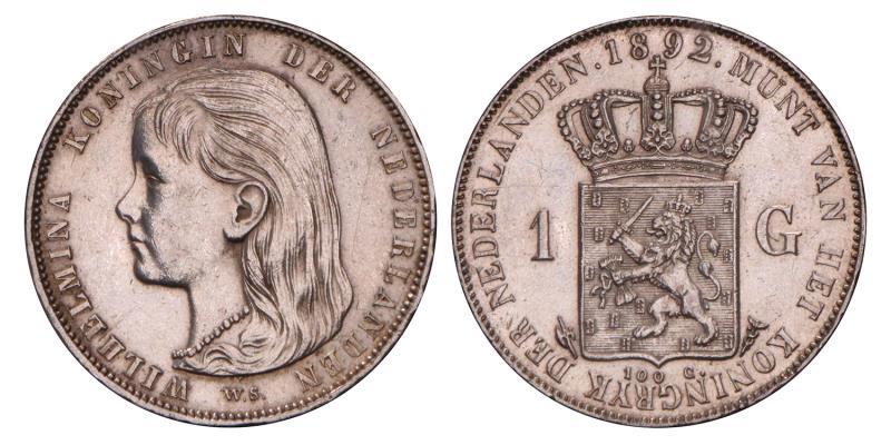 1 Gulden Wilhelmina 1892. Prachtig.