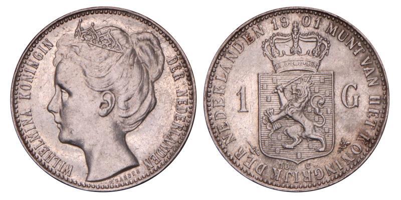 1 Gulden Wilhelmina 1901. Prachtig +.