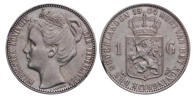 1 Gulden Wilhelmina 1904 tikje in rand. Prachtig -.