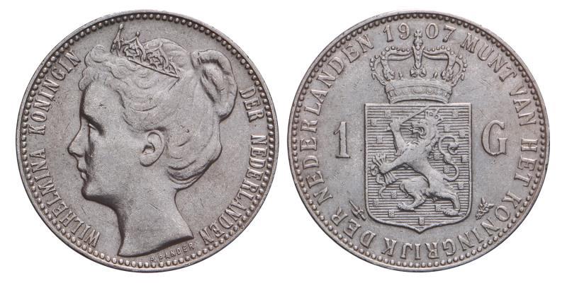 1 Gulden Wilhelmina 1907. Zeer Fraai / Prachtig.