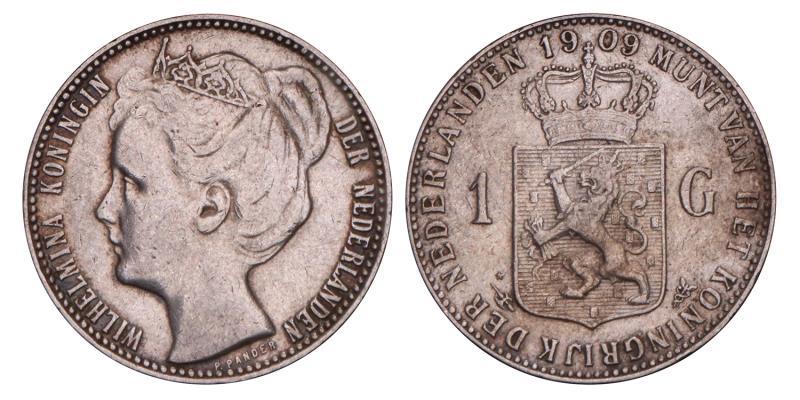 1 Gulden Wilhelmina 1909. Zeer Fraai +.