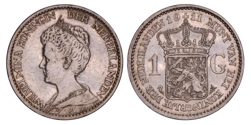 1 Gulden Wilhelmina 1911. Zeer Fraai +.