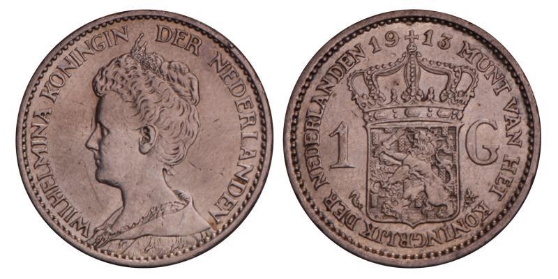 1 Gulden Wilhelmina 1913. Prachtig. 