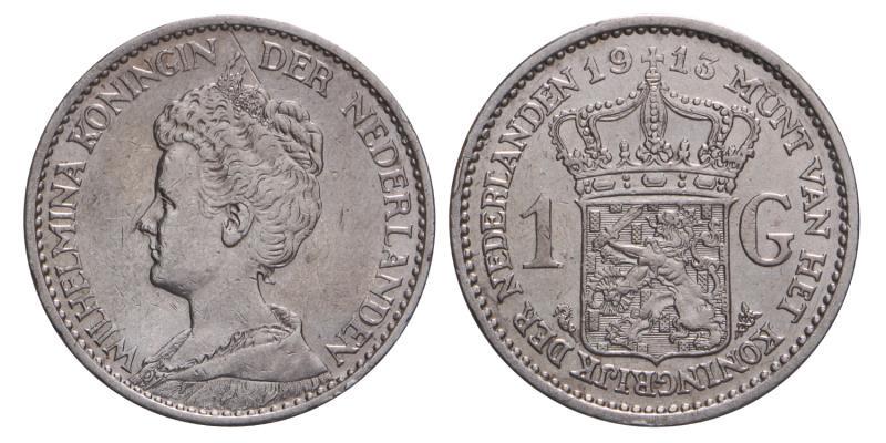 1 Gulden Wilhelmina 1913. Prachtig -.