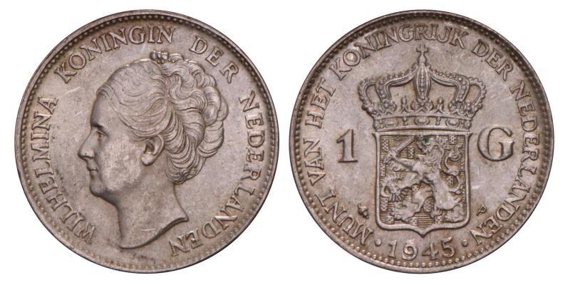 1 Gulden Wilhelmina 1945. Prachtig +.