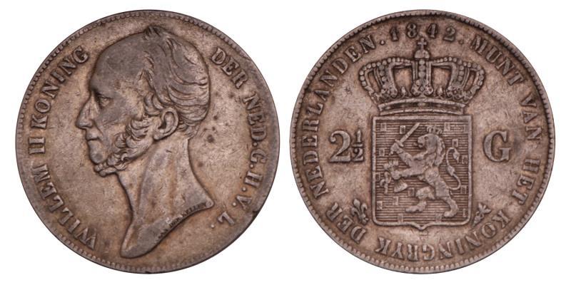 2½ Gulden Willem II 1842. Zeer Fraai.
