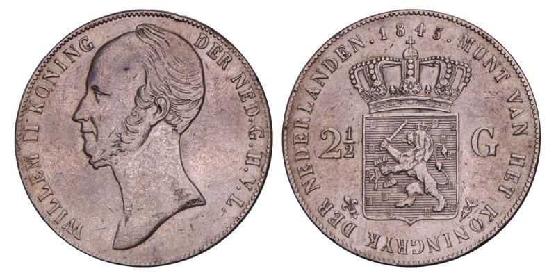 2½ Gulden Willem II 1845. Zeer Fraai / Prachtig.