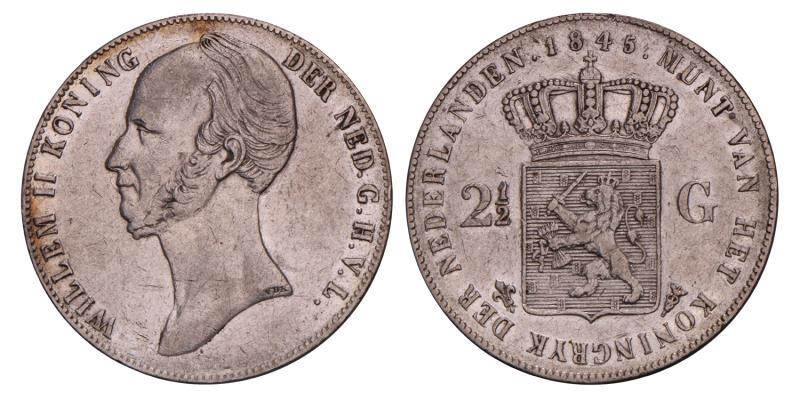 2½ Gulden Willem II 1845 streepje. Zeer Fraai.