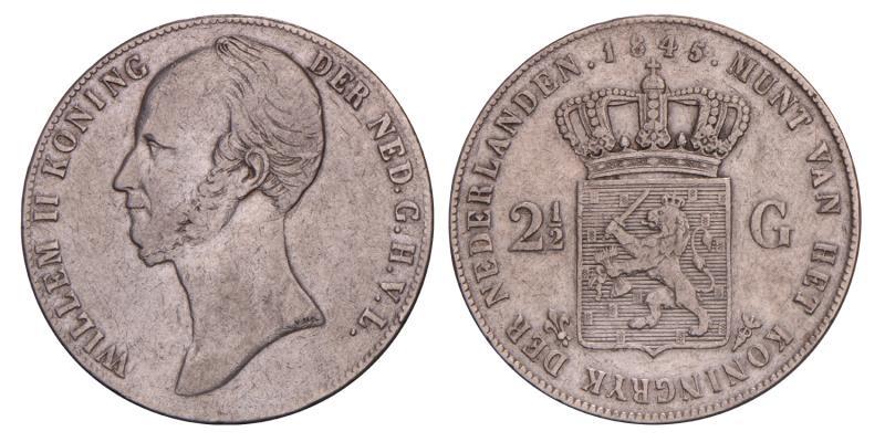 2½ Gulden Willem II 1845 parel op band. Fraai / Zeer Fraai.