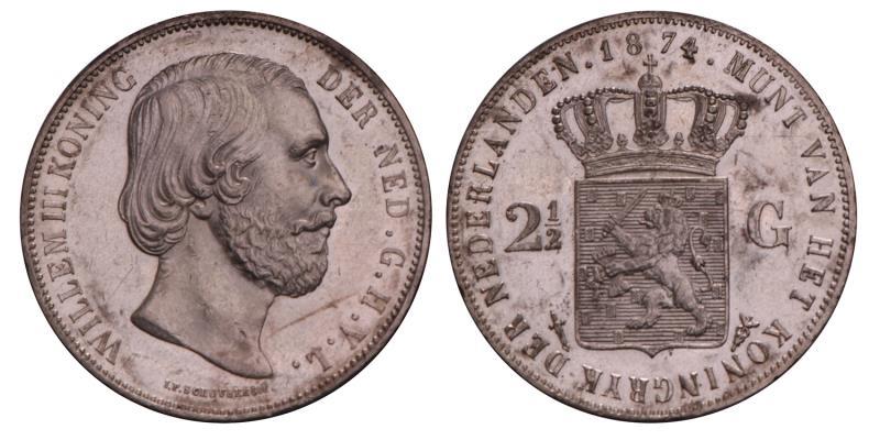 2½ Gulden Willem III 1874. Prachtig / FDC (tik in rand).