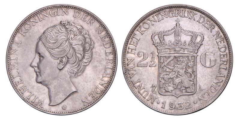 2½ Gulden Wilhelmina 1932 grofhaar. Zeer Fraai / Prachtig.