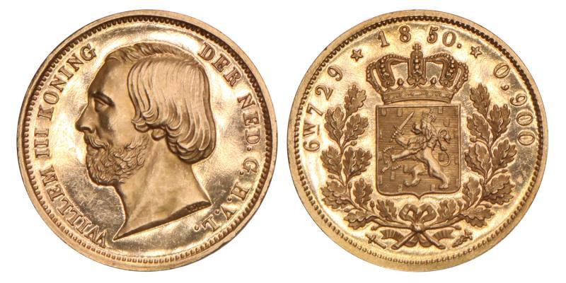 10 Gulden goud negotiepenning Willem III 1850. Proof.