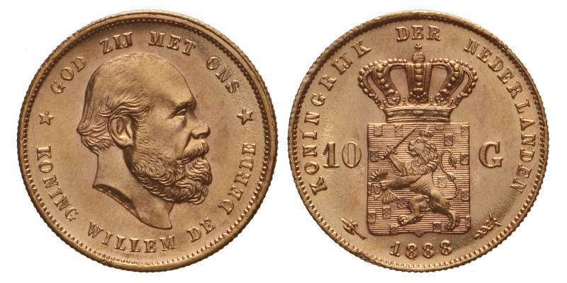 10 Gulden goud Willem III 1888. FDC.