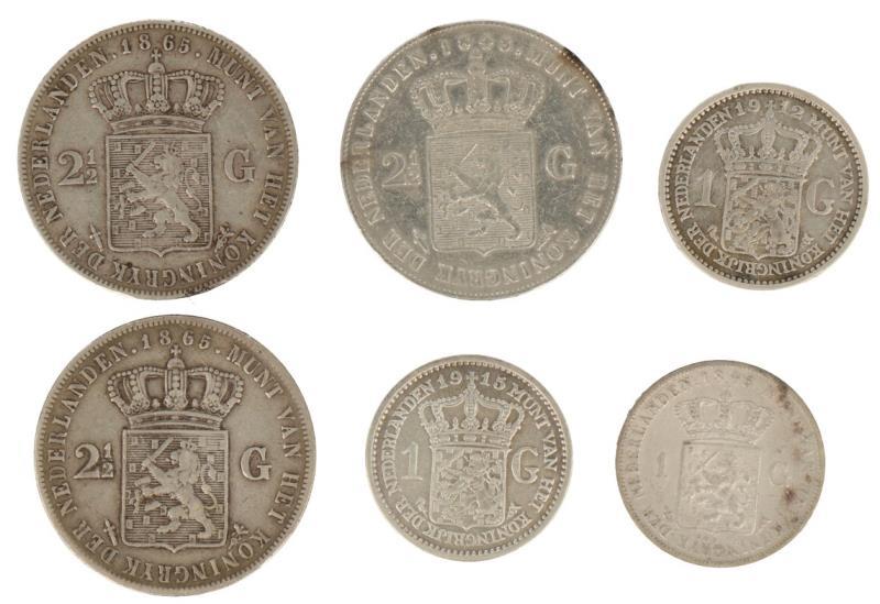 Lot: (6x) Guldens en rijksdaalders met o.a. 1 Gulden 1845 & 1912.